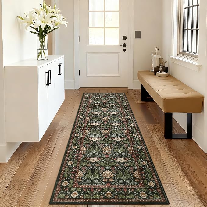 GarveeHome Washable Runner Rug 2x6, Non Slip Floral Kitchen Runner for Hallway Entryway Forest Green Laundry Bathroom Mat Farmhouse Thin Stain Resistant Carpet for Bedroom Beside Rug