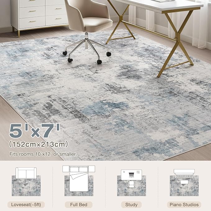 Abstract 5x7 Area Rug: Machine Washable Non Slip Ultra Thin Low-Pile Carpet, Soft Stain Resistant for Living Room Bedroom Nursery, Kid Pet Friendly, Robot Vacuum Compatible - Grey Blue