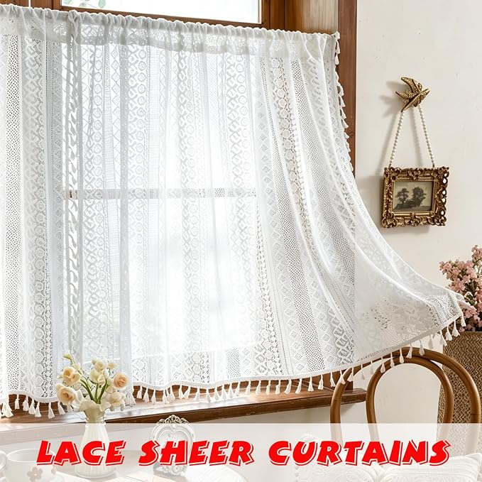 Sutuo Home White Boho Lace Curtains 45 Inches 2 Panels for Kitchen Cafe, Semi Sheer Ivory Curtains Small Window Drape Crochet Vintage Farmhouse Tassels Bohemian Privacy Cottagecore Rod Pocket, 50" W