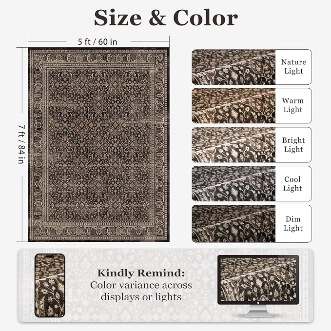 Dark Wood Brown 5x7 Rugs for Living Room Bedroom, Washable Rug with Vintage Farmhouse Moroccan Floral Trellis Pattern, Non Slip Low Pile Soft Carpet Rugs for Den/Home Office/Kitchen/Foyer