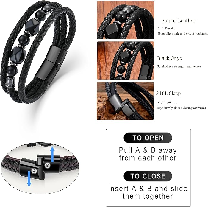 Mens Turquoise/Lapis Lazuli/Tiger Eye/Black Agate/Obsidian Leather Braided Bracelets for Father's Day/Birthdays/Graduation Jewelry Wristband Cuff Bracelet with Stainless Steel Clasp