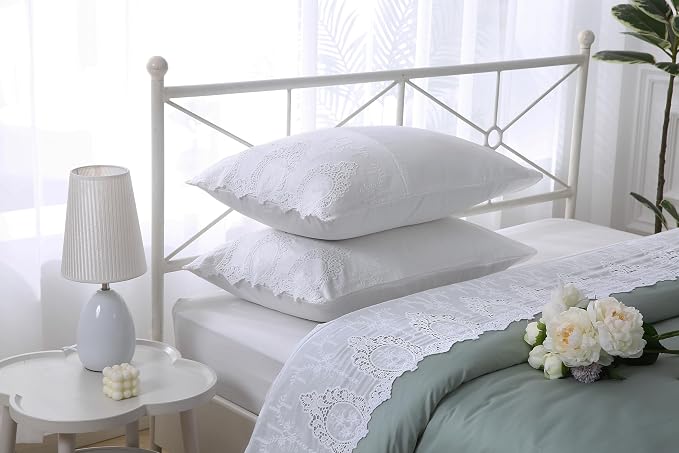 2-Pack White Cutouts Lace Pillowcases Battenburg Openwork Laced Pillow Shams French Luxury Elegant Look 100% Cotton King Size