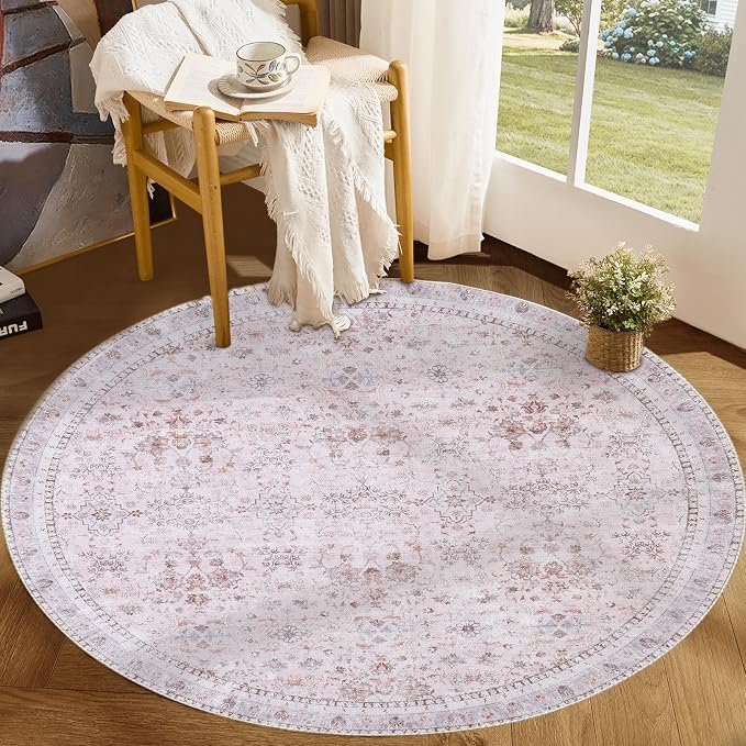 Sasttie Round Rug 4ft, Ultra-Soft Washable Circle Rug, Low Pile Foldable Thin Carpets with Non-Slip Backing, Skin-Friendly Stain Resistant Carpet for Living Room, Bedroom, Kitchen, Dorm, 4ft, Pink