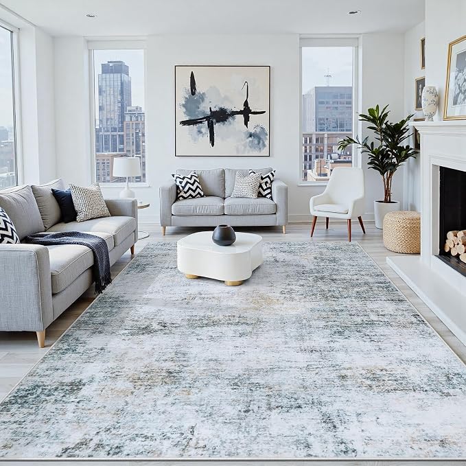 8x10 Area Rugs Washable Rug:Anti-Skid Abstract Modern Living Room Rug Soft Thin Carpets Indoor Floor Non-Shedding Carpet for Bedroom Dining Farmhouse Nursery Home Office(Blue/Grey/Gold/White, 8x10)