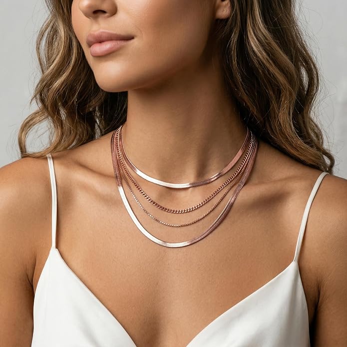 WomenGifts 14K Gold Silver Plated Herringbone Necklace for Women, Dainty Snake Chain Choker, Trendy Simple Long Layered Jewelry Non Tarnish, 3/4/5/8mm,14,16,18,20,22,24,26 Inch Thin & Chunky Options
