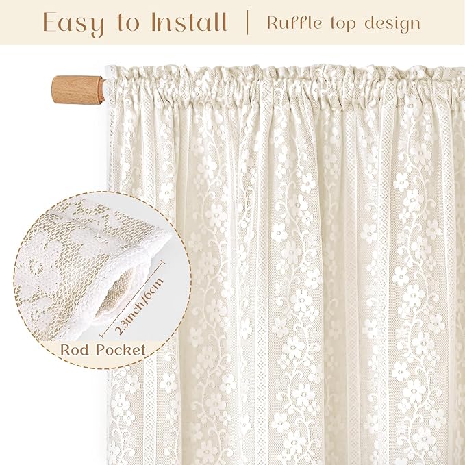 ASPMIZ Linen Curtains for Bedroom, Double Layered Boho Curtain 63 Inch Length 2 Panels Set, Rod Pocket Curtains & Drapes with Tiebacks, Light Filtering Drapes for Living Room 52 x 63 Inch, Beige