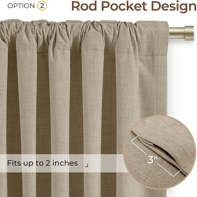 INOVADAY 100% Blackout Curtains 84 Inches Length 2 Panels Set, Back Tab/Rod Pocket Linen Black Out Curtains for Bedroom, Thermal Insulated Window Drapes - Earthy Beige, W50 X L84