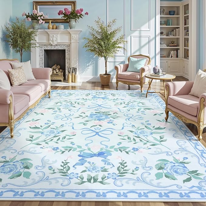 Collive Blue 8X10 Rugs for Living Room, 8x10 Bow and Floral Washable Area Rug Non Slip, Soft Boho Indoor Decor Elegant Carpet for Bedroom Kids Room Nursery Dining Room