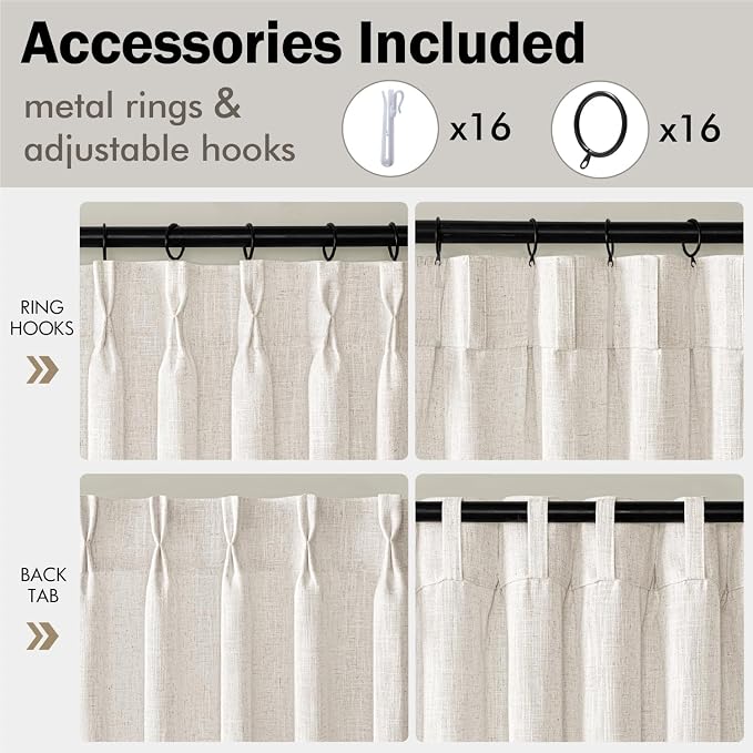 MIULEE Pinch Pleated Thick Linen Curtains 63 Inches Long 2 Panels for Dining Living Room Bedroom, Memory Trained Drapes Pleat Back Tab Light Filtering Natural Short Window Curtains with Hooks&Rings