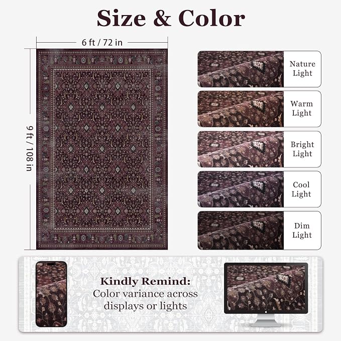 Fig Area Rugs for Living Room 6x9, Earth Tone Dark Academia Dining Room Rugs for Under Table, Washable Non Slip Low Plie Carpet Rug for Bedroom Home Office, Vintage Boho Floral Trellis