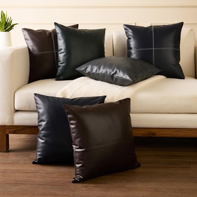 Encasa XO Faux Leather Throw Pillows Covers 18"x18" (Set of 2) | Navy Blue Stitch Decorative Cushion Covers | Modern Farmhouse Pillow Cases for Outdoor, Living Room, Bedroom, Couch, Sofa