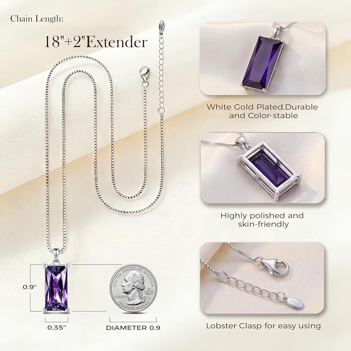 8mm x 16mm Square Birthstone Pendant Necklace – Fashion charming Sterling Silver Gift for women