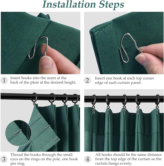 Aersas Dark Green Pinch Pleated Linen Curtains 90 Inch Length 2 Panels for Living Room Bedroom Semi Sheer Window Curtain Boho Neutral Back Tab Pinch Pleat Drape with Hooks 40x90