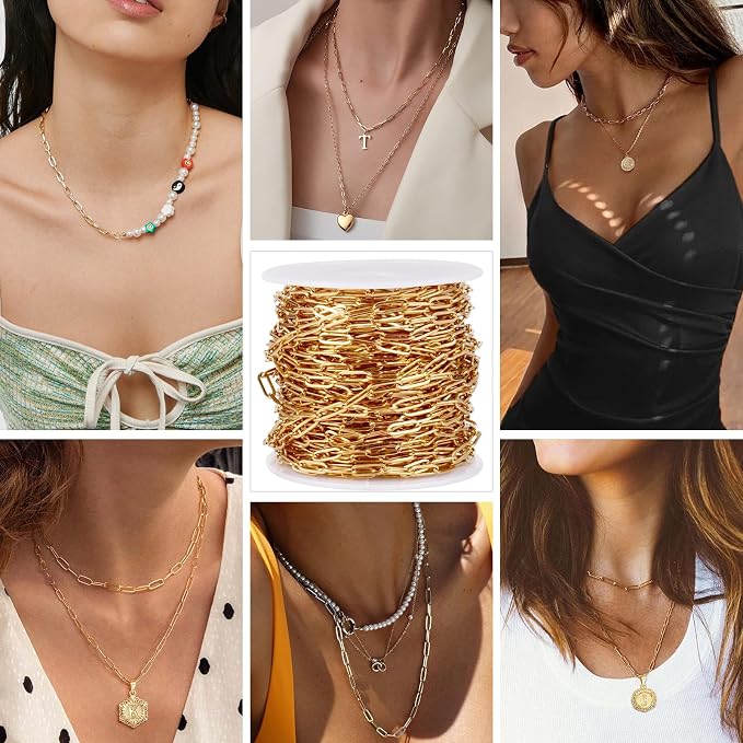 [33 Ft] Stainless Steel Paperclip Chains Roll, 3mm Width 18K Gold PVD Plated Stainless Steel Oval Link Chains Spool Bulk for Jewelry Making