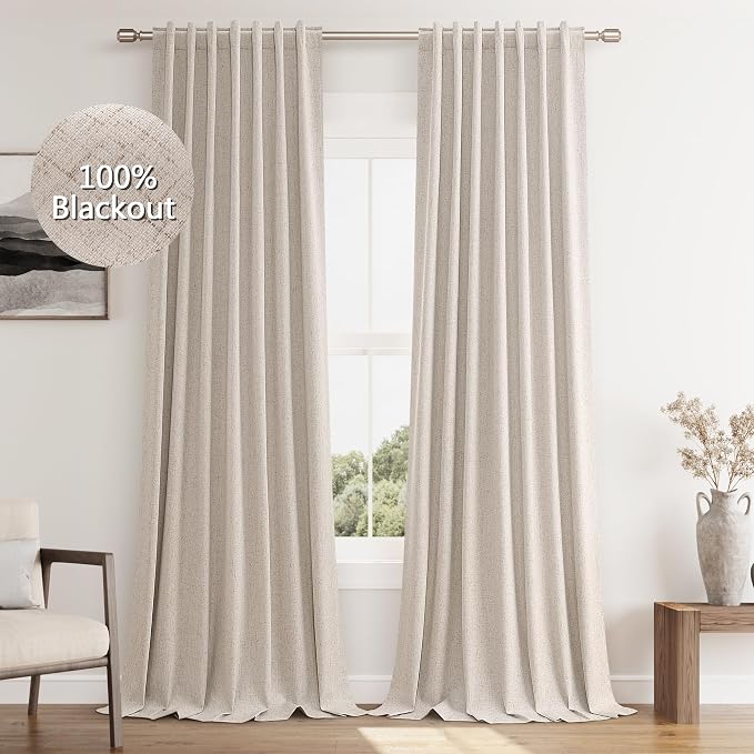 Guken Oatmeal 100% Blackout Curtains 84 Inch Length 2 Panels Set for Living Room Bedroom Back Tab Thermal Insulated Black Out Linen Drapes Room Darkening Window Curtains 84 Inches Long
