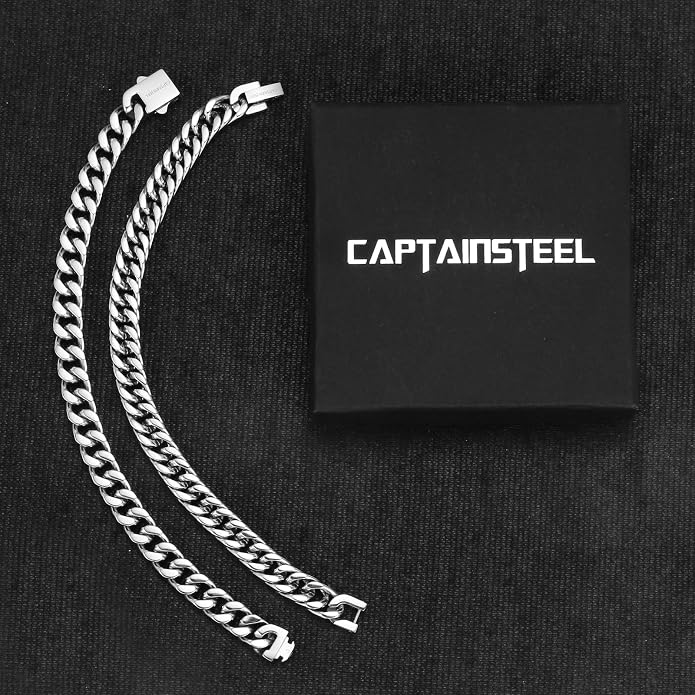 CaptainSteeL 2Pcs Cuban Link Chain Bracelet Set - Stainless Steel Bracelet, Gold Plating, Fashion Jewelry for Men, Women, Boyfriend, Lover, 7.5/8.3/9 Inches
