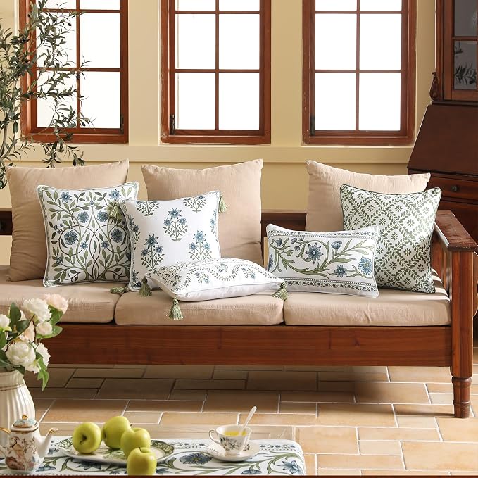 ISAENNE Designer Elegant Linen Throw Pillow Cover,Set of 4-Mosella ABCD | French Cottage Pillow Cover,Concealed Zipper,Floral Pattern,Sofas,Bedroom,Living Room,Lounge Chairs,All Season Home Decor