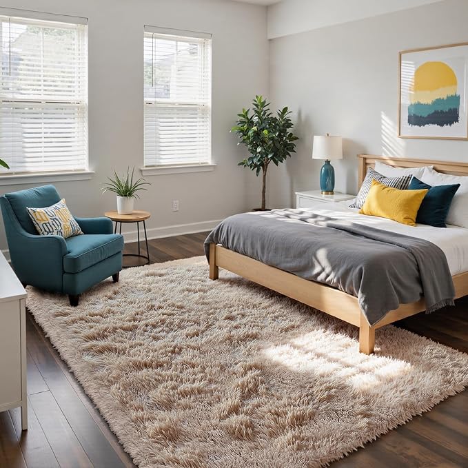 yongyangjuxin Fluffy Rug Shag Area Rug, Beige 9x12 Area Rugs for Living Room, Large Shag Area Rugs for Bedroom Room Home Decor, Upgrade Anti-Skid Rectangular Fuzzy Rugs