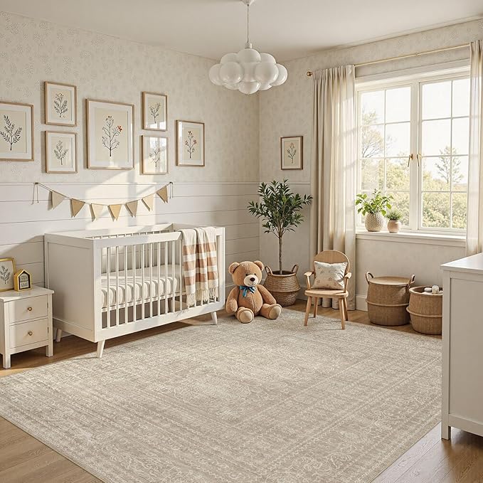 Nakagishi 5X8 Area Rugs Living Room: Washable Large Vintage Rug Neutral Non-Slip Soft Stain Resistant Indoor Carpet for Bedroom Nursery Dining Room Office Playroom - Brown