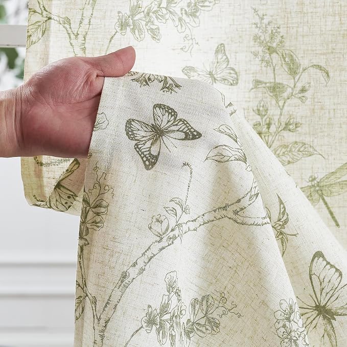 Lazzzy Charlotte Linen Green Floral Curtains 90 Inch Length Farmhouse Curtain Back Tab Drapes for Living Room Bedroom Light Filtering Vintage Rod Pocket Curtains, 2 Panels, Green on Beige