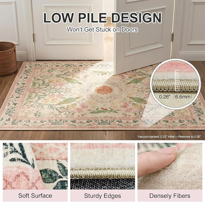 2'x3' Boho Small Area Rug, Washable Non-Slip Silicone Backing Door Mat, 0.26" Low Pile Faux Wool Foldable Rug for Entryway Bathroom Kitchen Indoor Decor, Garden Pink