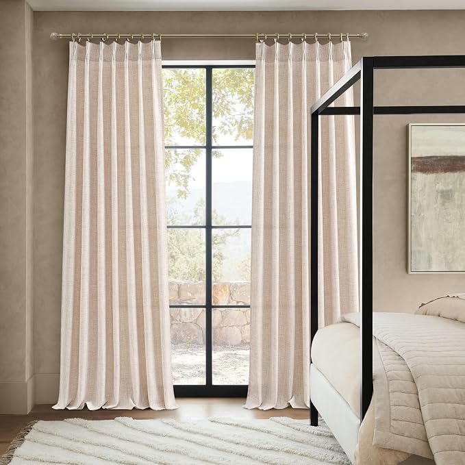 PleatedDrapes Custom Curtains for Living Room 2 Pages, Linen Curtains 102 Inches Long for 100-103 Inch Large Windows Light Filtering Formal Pinch Pleated Flowy Sheer Lightweight Sand Beige W40 xL102