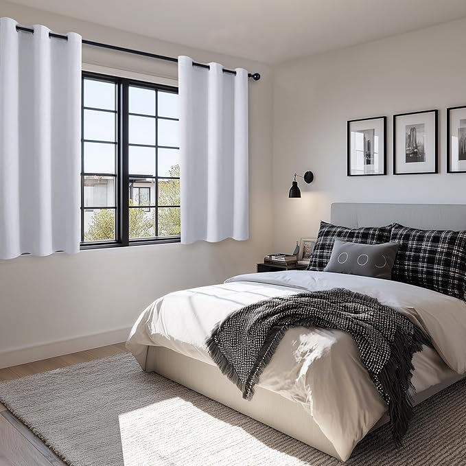 Hiasan Short Blackout Curtains for Bedroom - Thermal Insulated & Energy Saving Window Curtains for Living Room, 2 Drape Panels Sewn with Tiebacks, Greyish White, 42 x 45 Inch