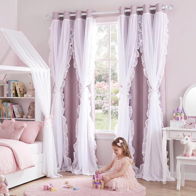 PONY DANCE 100% Blackout Curtains for Girl's Bedroom, Double Layer Grommet Curtain 84 inch Long with Sheer Overlay for Living Room, Nursery Kids Toddler Room Decor, Dusty Rose, 52" W x 84" L, 2 Panels