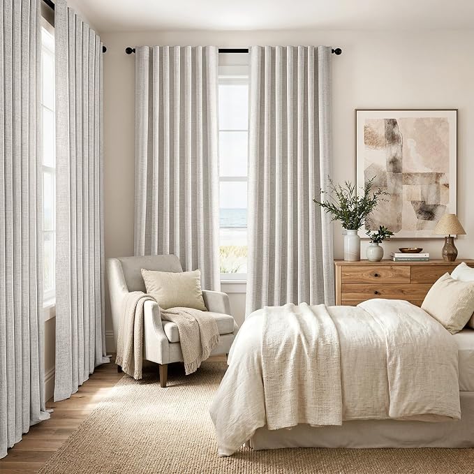 MIULEE 100% Blackout Linen Curtains 42 x 96 Inch Cream White 2 Panels | Thermal Insulated, Room Darkening Drapes for Bedroom Living Room, Back Tab Rod Pocket Pinch Pleated, Solid Luxury Decor