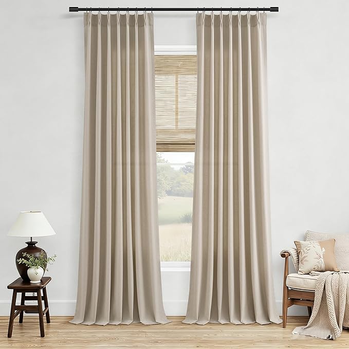 Aersas Cobblestone Pleat Linen Curtains 112 Inches Long for Living Room Pinch Pleated Drape Hooks Rings Back Tab Semi Sheer Light Filtering Curtain for Bedroom Sliding Patio Door 2 Panels 40x112