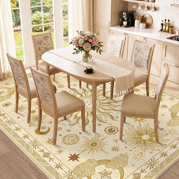 Vacuum-Friendly, 9x12 Washable Area Rug, Beige Camel Brown | Sun and Moon Boho Gothic Non-Slip Low Pile Living Roon Bedroom Dining Room Kitchen Entry Entryway Entrance Hallway Doormat