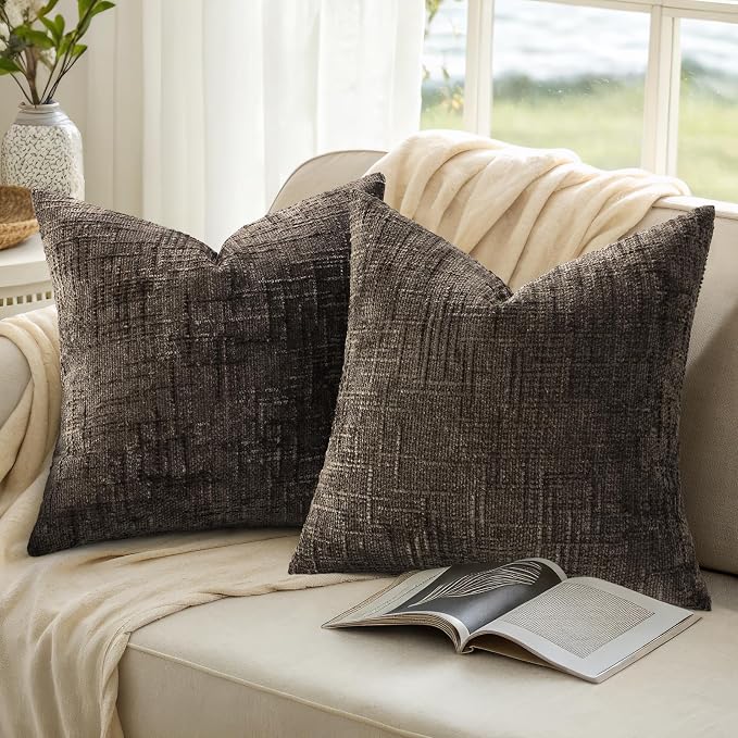 decorUhome Textured Chenille Throw Pillow Covers 18x18 Set of 2 Dark Brown | Fall Modern Farmhouse Soft Cozy Slubby Couch Pillow Cases Boho Decorative Pillow Cases for Bed Sofa Living Room Home Decor