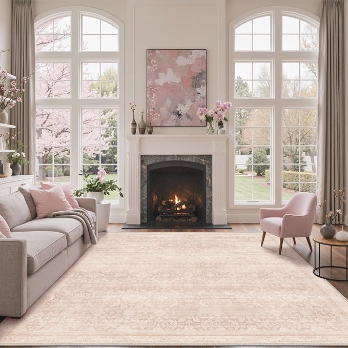 BESBLEE 10X14 Area Rugs Machine Washable Rugs for Living Room, Vintage Boho Large Rugs for Bedroom Dining Room, Non Slip Indoor Soft Distressed Lightweight Thin Low Pile Carpet, Pink