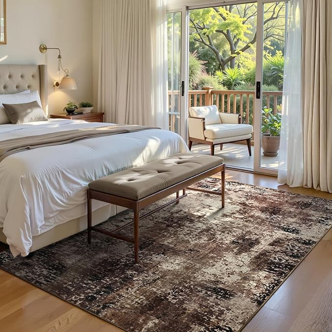 Area Rug 4x6 Brown Rug Washable Boho Rugs Non Slip Low Pile Abstract Coffee Small Carpet for Entryway, Bedroom, Kitchen, Classroom, Kids Room, Office, Dorm, Dining Room
