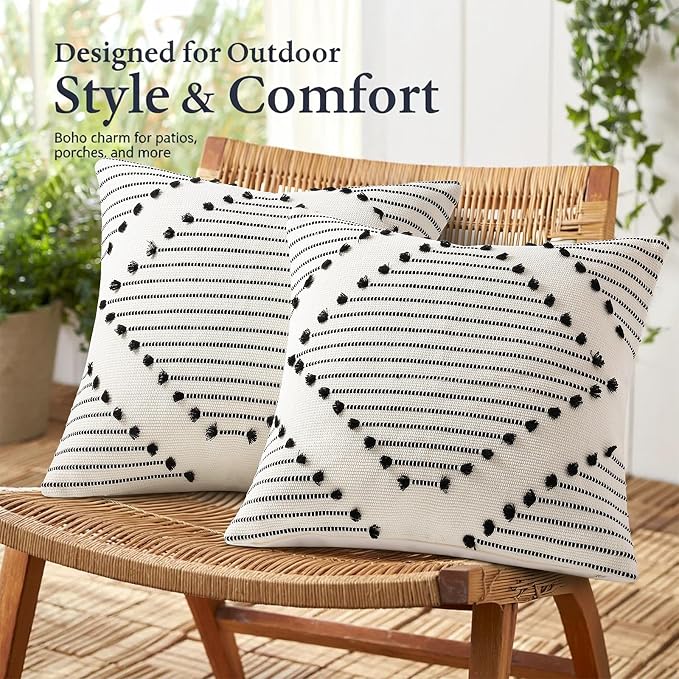 Mecatny Boho Summer Outdoor Throw Pillow Covers 22X22 Set of 2, Farmhouse Decorative Pillow Covers for Couch Sofa Living Room, Black & Cream White