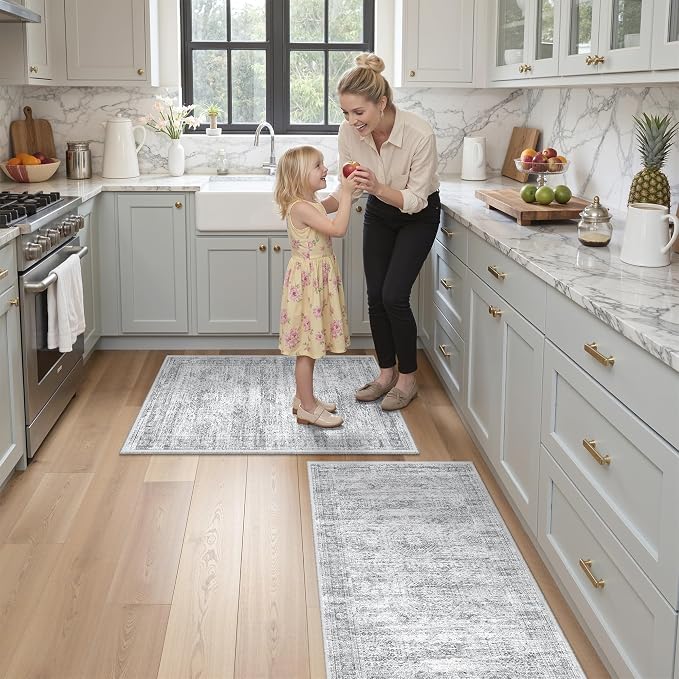 Kitchen Rugs Sets of 2, 2x3 2x4 Rug Runner,Grey | 2 Piece Washable Rug for Hallway,Entryway,Bedroom,Dining Room,Thin,Soft Runner Rug,Stain Resistant Indoor Carpet,Non Slip