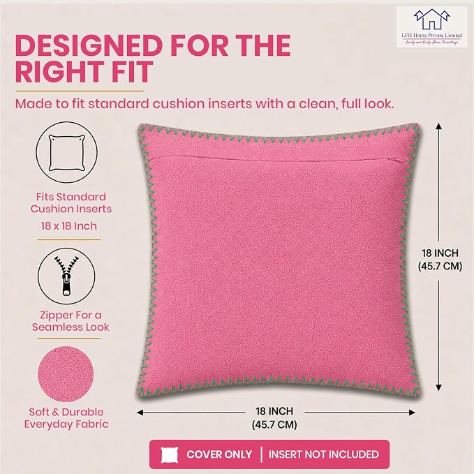 LFH Home Baby Pink Cotton Rich Throw Pillow Covers 18x18 Set of 2, Decorative Cushion Covers with Blanket Stitch Edge, Farmhouse Accent Pillow Cases for Sofa Couch Bed Living Room, 18 x 18 Inch