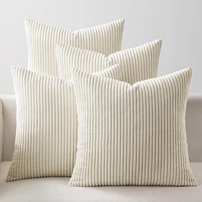 EMEMA Beige Decorative Throw Pillow Covers 16x16 Inch Set of 4 Boho Farmhouse Corduroy Striped Square Pillow Case,Western Modern Cushion Covers for Couch Bed Livingroom Home Decor