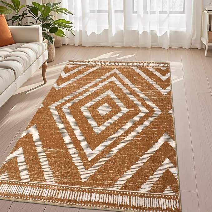 Moroccan Washable Area Rugs 3x5ft Non Slip, Low Pile Entryway Rug, Brown Boho Bedroom Carpets, Non Shedding Soft Floor Carpet for Dining Room Bathroom Kitchen Study Office