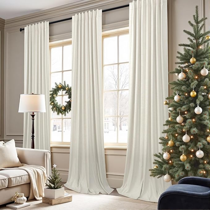 100 Inch Wide Curtain 96 Inches Long 1 Panel Full Blackout Linen for Patio Sliding Door Thermal Insulated Pleated Drape Back Tab Ivory Cream Extra Width 100 x 96 Inch Curtain for Living Dining Room