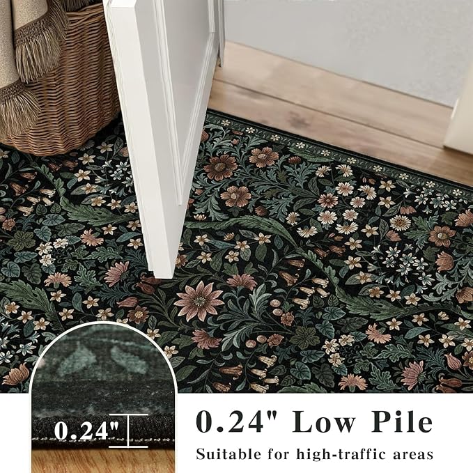2x10 Washable Runner Rug,Black Floral Boho Area Rug for Hallway,Low-Pile Non-Slip Stain Resistant Carpet for Kitchen, Bedside,Laundry Room,Entryway