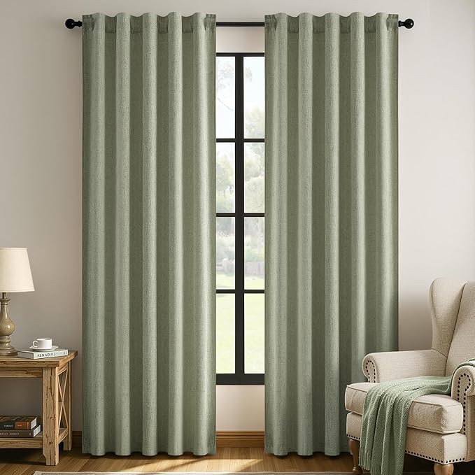 MIULEE Thick Linen Curtains, 42Wx72L, Sage Green Semi Sheer Linen Textured | Light Filtering Window Privacy Drapes with Back Tab Rod Pocket for Farmhouse/Living Room/Bedroom, Set of 2