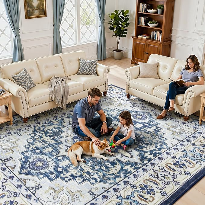 Lessymo 5x7 Area Rug for Living Room - Machine Washable Area Rugs, Super Soft Faux-Wool Area Rugs for Bedroom Kitchen, Boho Rug Vintage Floral Non-Slip Low Pile, Dark Blue