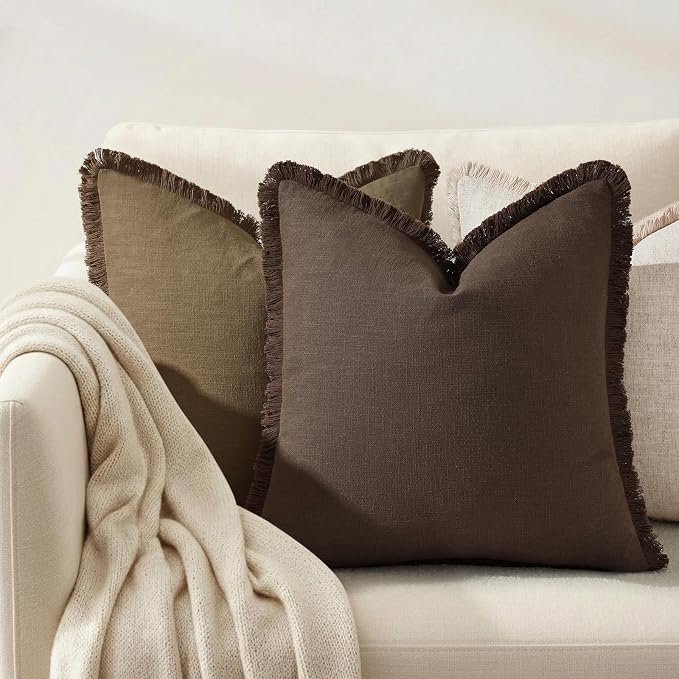 decorUhome Linen Fringe Chocolate Throw Pillow Covers 20x20 Set of 2 | Decorative Soft Accent Modern Boho Farmhouse Cushion Covers with Tassels Cotton Pillow Covers for Couch Bed Sofa