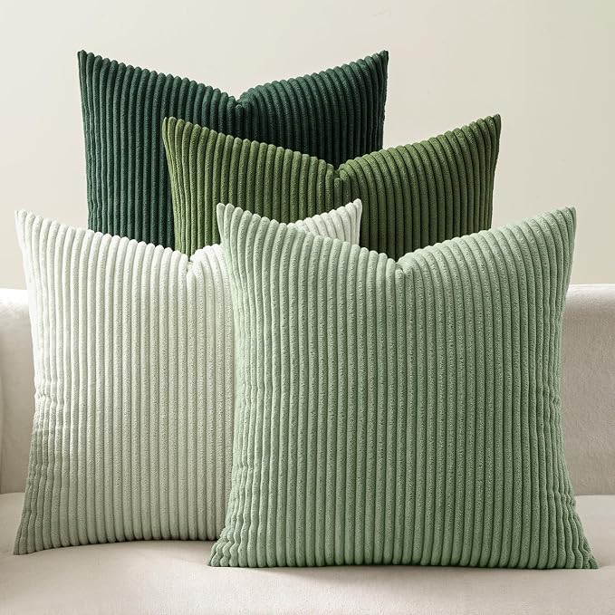 EMEMA Spring Green Decorative Throw Pillow Covers 22x22 Inch Set of 4 Boho Farmhouse Corduroy Striped Square Pillow Case,Western Modern Cushion Covers for Couch Bed Livingroom Home Decor
