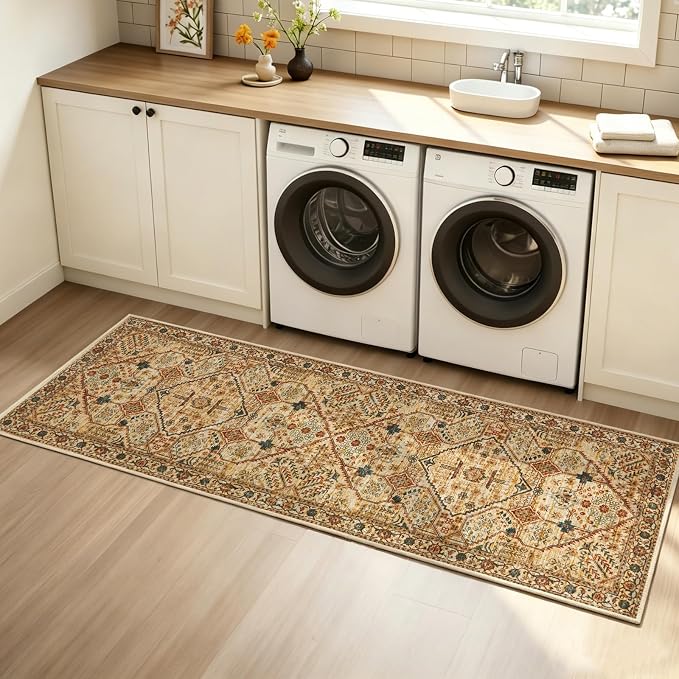 Joydeco Washable 2x5 Hallway Runner Rug Vintage, Tan | Water Resistant Low Pile Non Slip Backing for Kitchen Entryway Bedroom Bathroom Dining Room