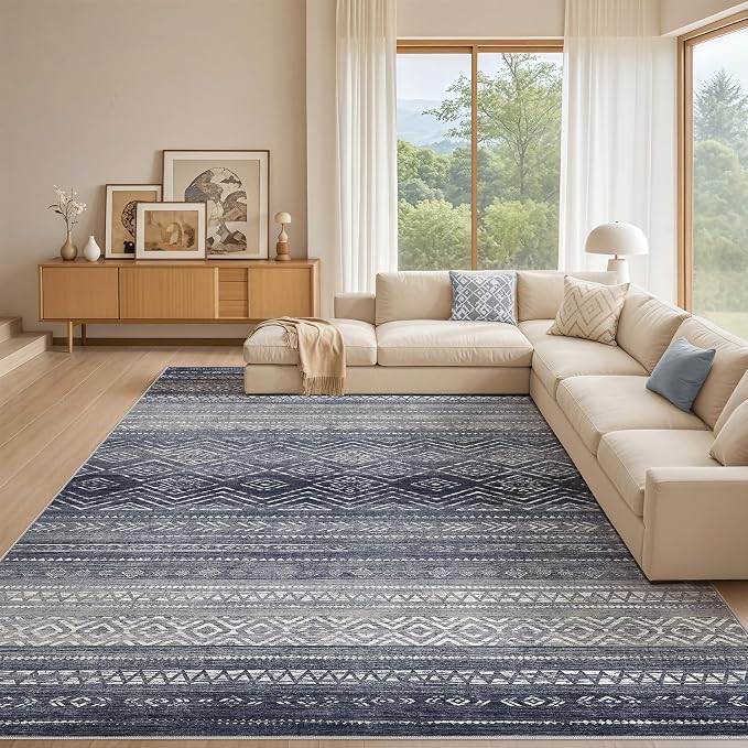 Tortania Area Rug Living Room Rugs- 12x15 Washable Large Soft Neutral Boho Moroccan Bohemian Farmhouse Rug Indoor Floor Carpet for Bedroom Under Dining Table Home Office Decor - Blue Gray
