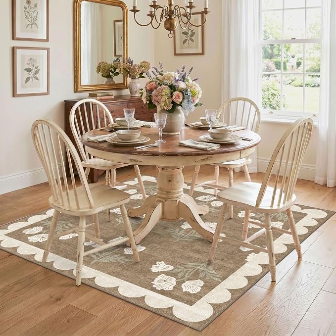 Tan Square Rug 4ft - Soft Washable Boho Farmhouse Square Entryway Rug Non Slip 4x4 Stain Resistant Cottage Floral Scalloped Throw Rugs for Living Room Bedroom Dining Room Bathroom Nursery