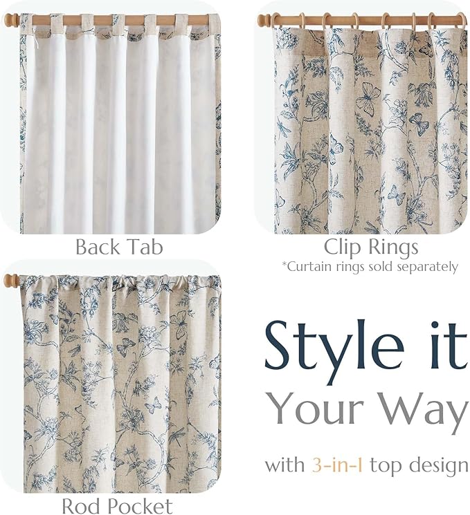 jinchan Blue Floral Linen Curtains Lined 96 Inch Vintage Back Tab 2 Panels | Privacy lining, light filtering drapes, cottagecore, french country, farmhouse, bedroom, living room, window treatment