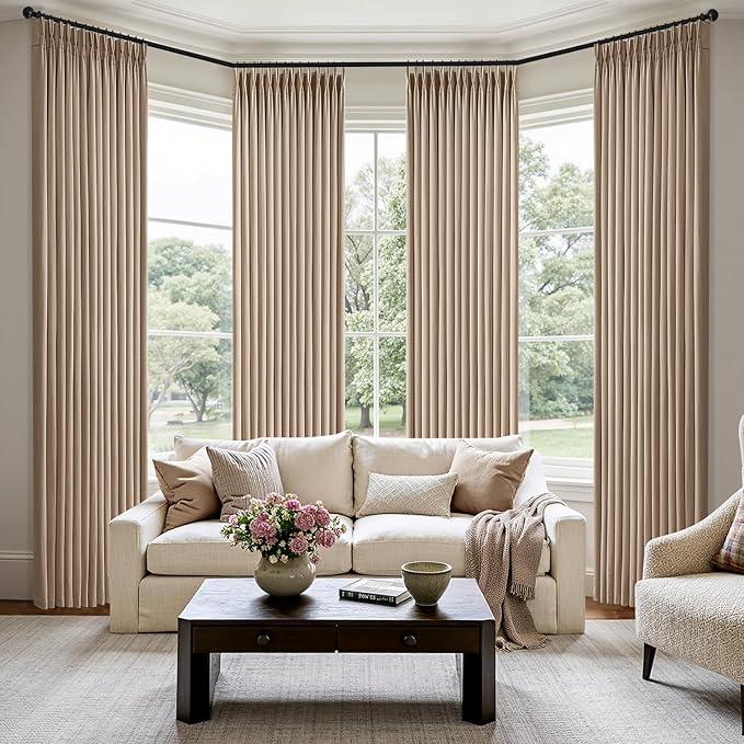 MIULEE Pinch Pleated Thick Linen Curtains 102 Inch 4 Panels Set Back Tab Memory Trained Pinch Pleat Semi Sheer Light Filtering Privacy Curtain Let Light in Window Drape for Living Room Bedroom Taupe